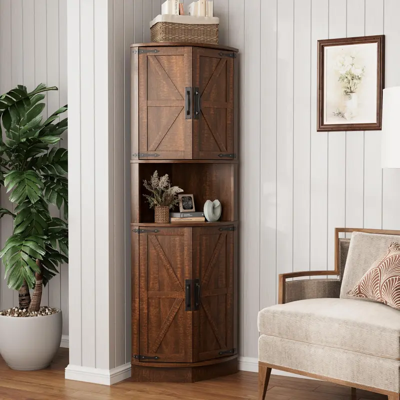 Armario esquinero de madera estilo granja (64,8" de altura): 4 puertas, 5 estantes de almacenamiento, puerta tipo granero, diseño en ángulo recto de 90°, anclaje de pared antivuelco, 22" (ancho) x 15,6" (profundidad) x 64,8" (altura); mueble que ahorra es