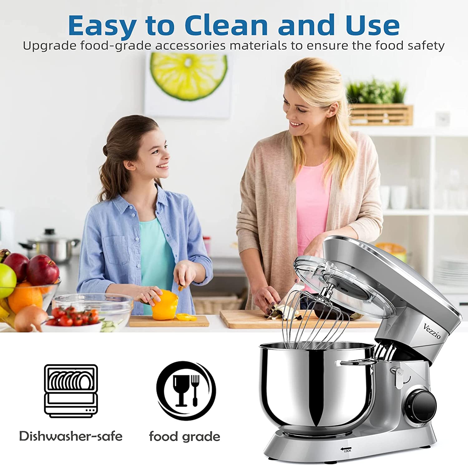 VEZZIO 9.5 Qt Stand Mixer, 10-Speed Tilt-Head Food Mixer, Vezzio 660W Kitchen Electric Mixer with Stainless Steel Bowl, Dishwasher-Safe Attachments for Most Home Cooks