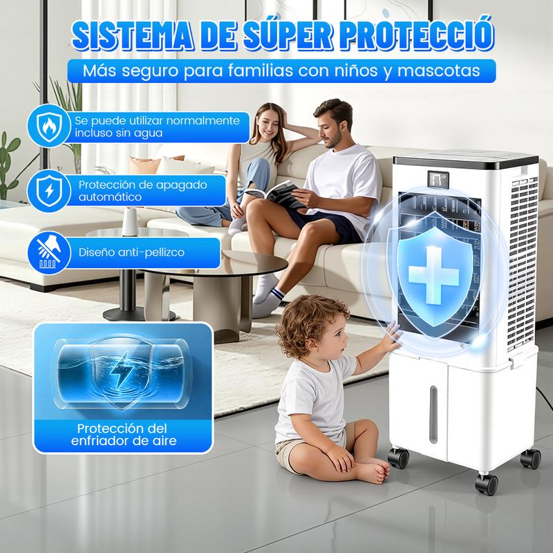3 en 1 Aire Acondicionado Portátil, Enfriador de Aire Portátil con Tanque Con tanque de agua de 12L, control remoto y temporizador, y 4 cajas de cristales de hielo, Ideal para El hogar Dormitorio y Pequeñas Habitaciones