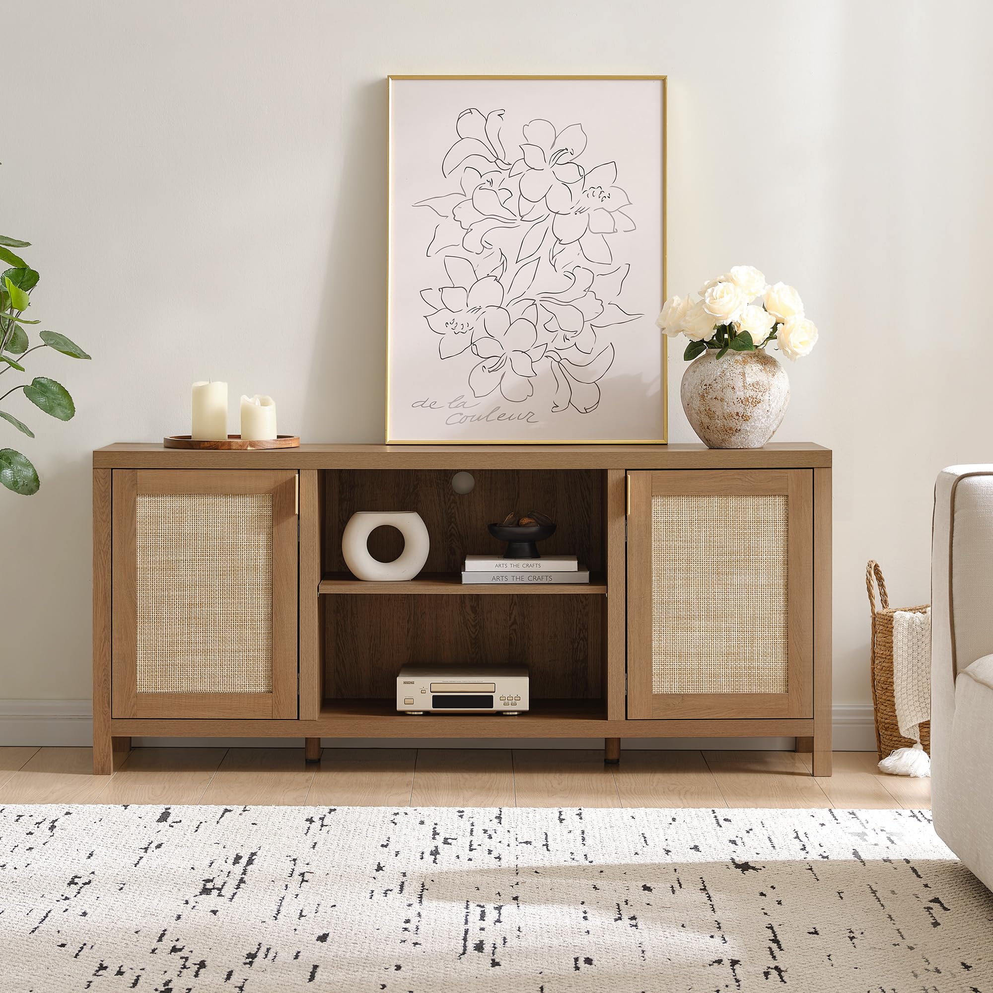 【SohoChic】SICOTAS TV Stand for Living Room Boho Entertainment Center for Bedroom with 4 Rattan Cabinets Farmhouse Television Stands with Storage Large Wood Media Console Table for TVs up to 45 50 55 60 65 Inch