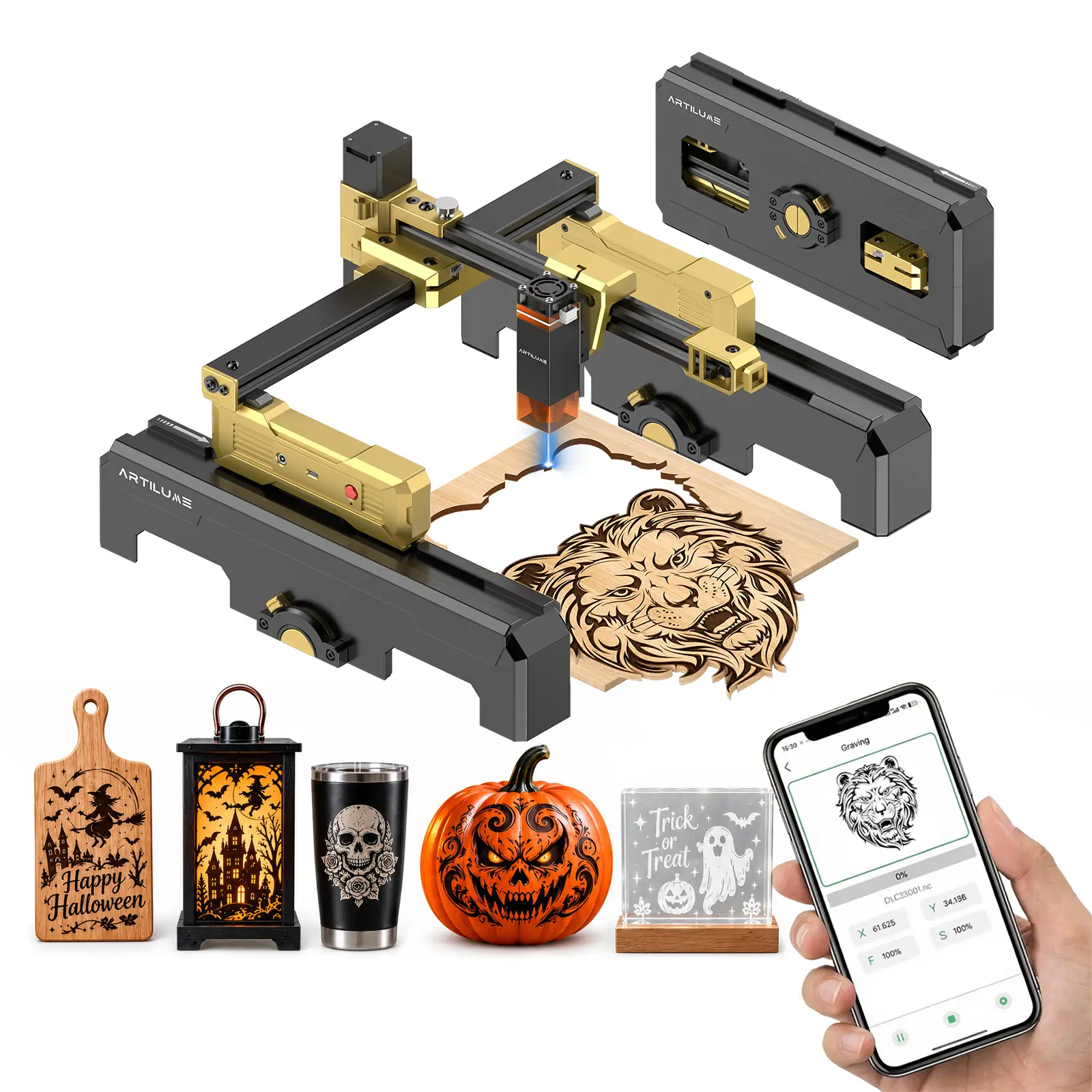 Máquina de grabado láser portátil ARTILUME T1 con Wi-Fi, estructura plegable preensamblada, control por aplicación, precisión de 0,01 mm, velocidad de 10000 mm/min, graba madera, cuero, metal y acrílico, herramienta de diseño personalizado para manualidad
