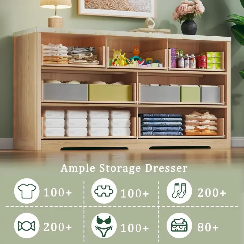 Cómoda estriada para dormitorio con 7 cajones, cómoda moderna de 53 pulgadas con superficie de imitación mármol, cómoda estilo mediados de siglo con tiradores dorados y perfil curvo, mueble de madera natural para TV (apto para dormitorio o sala de estar)