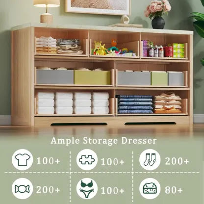 Cómoda estriada para dormitorio con 7 cajones, cómoda moderna de 53 pulgadas con superficie de imitación mármol, cómoda estilo mediados de siglo con tiradores dorados y perfil curvo, mueble de madera natural para TV (apto para dormitorio o sala de estar)
