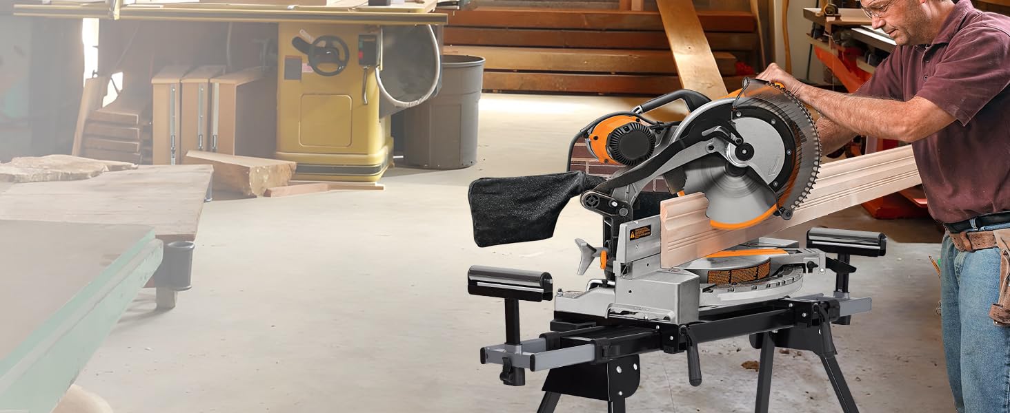 GARVEE 440 lbs Capacity Miter Saw Stand (Tools) - Universal Folding, 76.8 in Max Rail Length, Portable Steel Table with Height-Adjustable Roller Supports, Repeat Cutting End Stops, 27 lbs, Anti-Rust Coat, Steel Frame