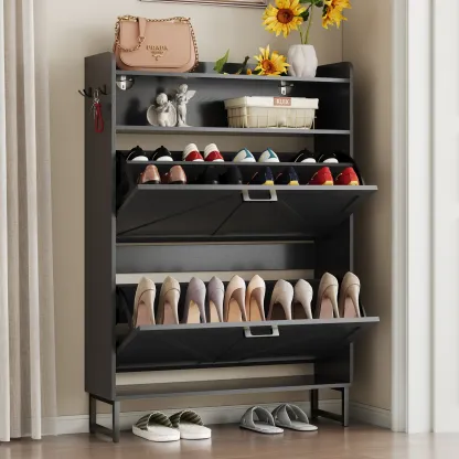 Zapatero abatible independiente de doble cajón | Armario de almacenamiento de madera de diseño estilizado con estantes ocultos | Zapatero para pasillo, sala de estar y dormitorio