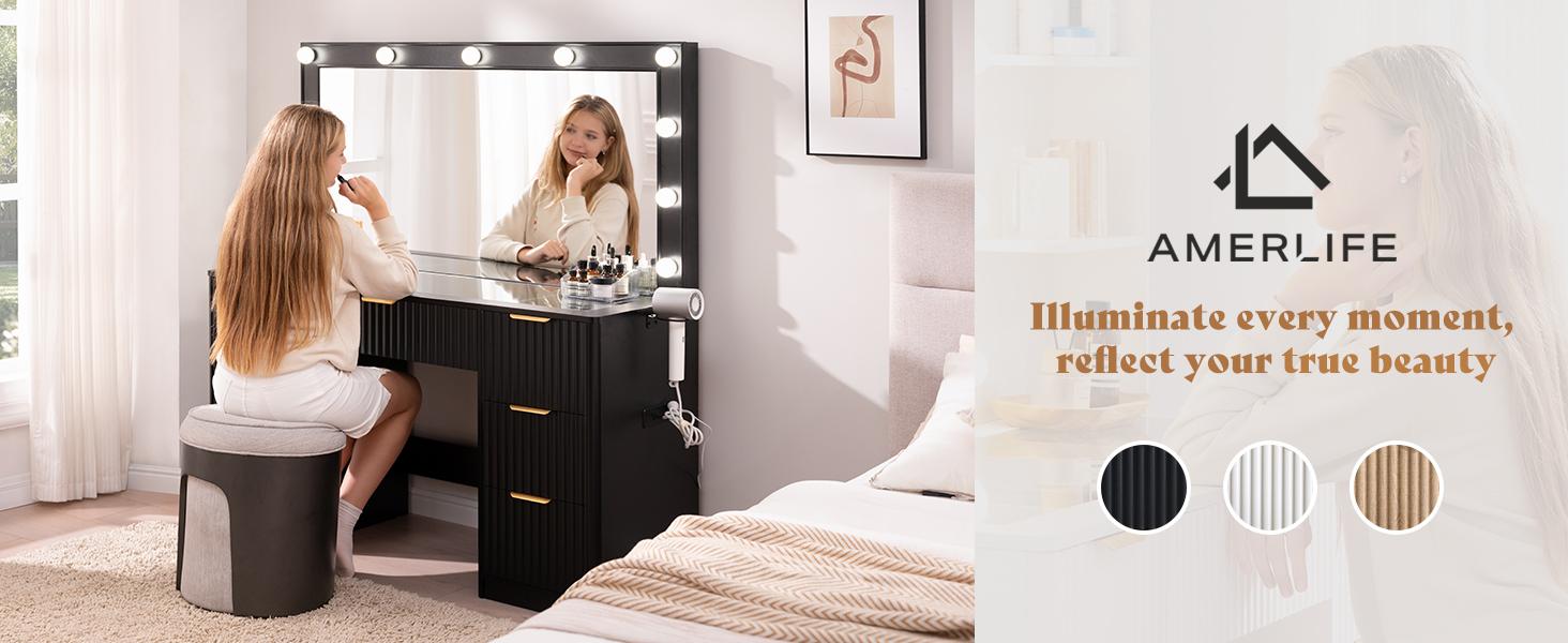AMERLIFE 36.2/47.2" Fluted Vanity Desk with Mirror and Adjustable LED Lights, Large 4/7 Drawers Makeup Table with Glass Top and Charging Station for Women and Girls, Bedroom or Dorm/Best Gift Ideas/Christmas Gifts[tiktokshopbacktoschool][SohoChic]