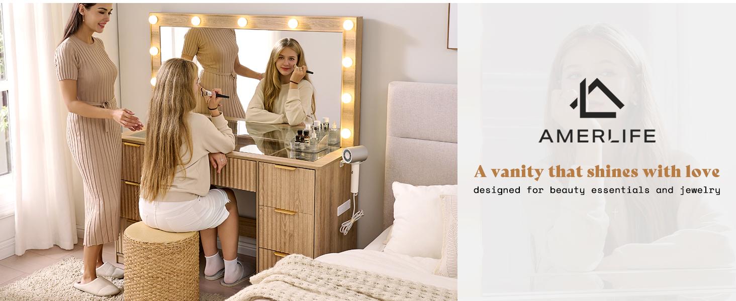AMERLIFE 36.2/47.2" Fluted Vanity Desk with Mirror and Adjustable LED Lights, Large 4/7 Drawers Makeup Table with Glass Top and Charging Station for Women and Girls, Bedroom or Dorm/Best Gift Ideas/Christmas Gifts[tiktokshopbacktoschool][SohoChic]