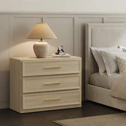 Mesita de noche alta extragrande SICOTAS con 3 cajones de almacenamiento y tiradores dorados, mesa auxiliar moderna para el hogar/dormitorio, ideal para la mesita de noche o la habitación infantil. Requiere montaje. Mueble de interior impermeable.