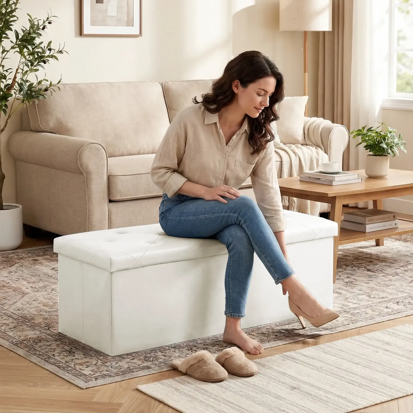 Banco otomano de almacenamiento plegable y reposapiés con asiento acolchado; gran baúl para juguetes con asiento; soporta hasta 660 libras (aprox. 300 kg) – Gris