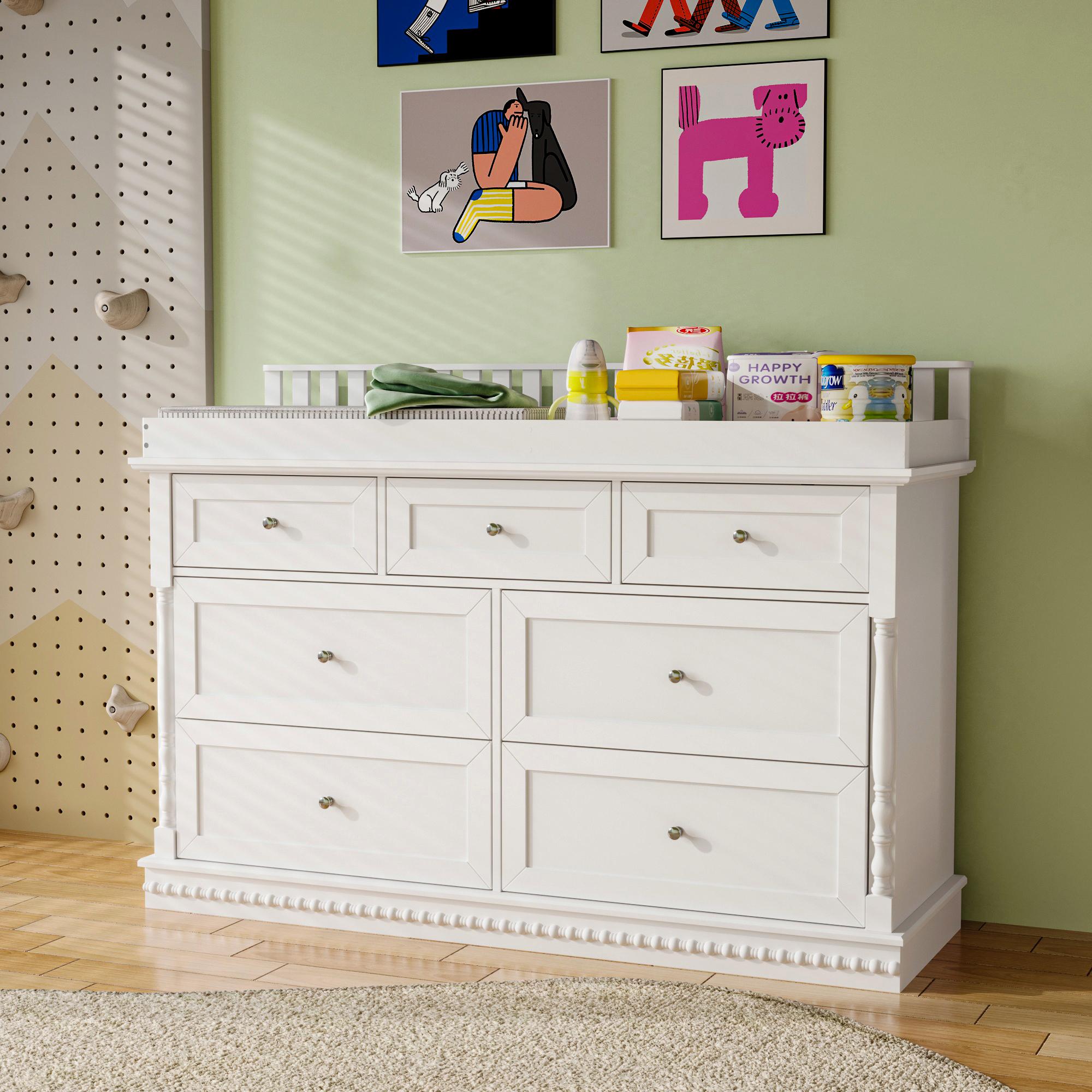 Deborah Changing Table Dresser Antique White with Exposed Shelves,5 Exposed Drawers & Space for Changing Pad, High-Quality Engineered Wood
