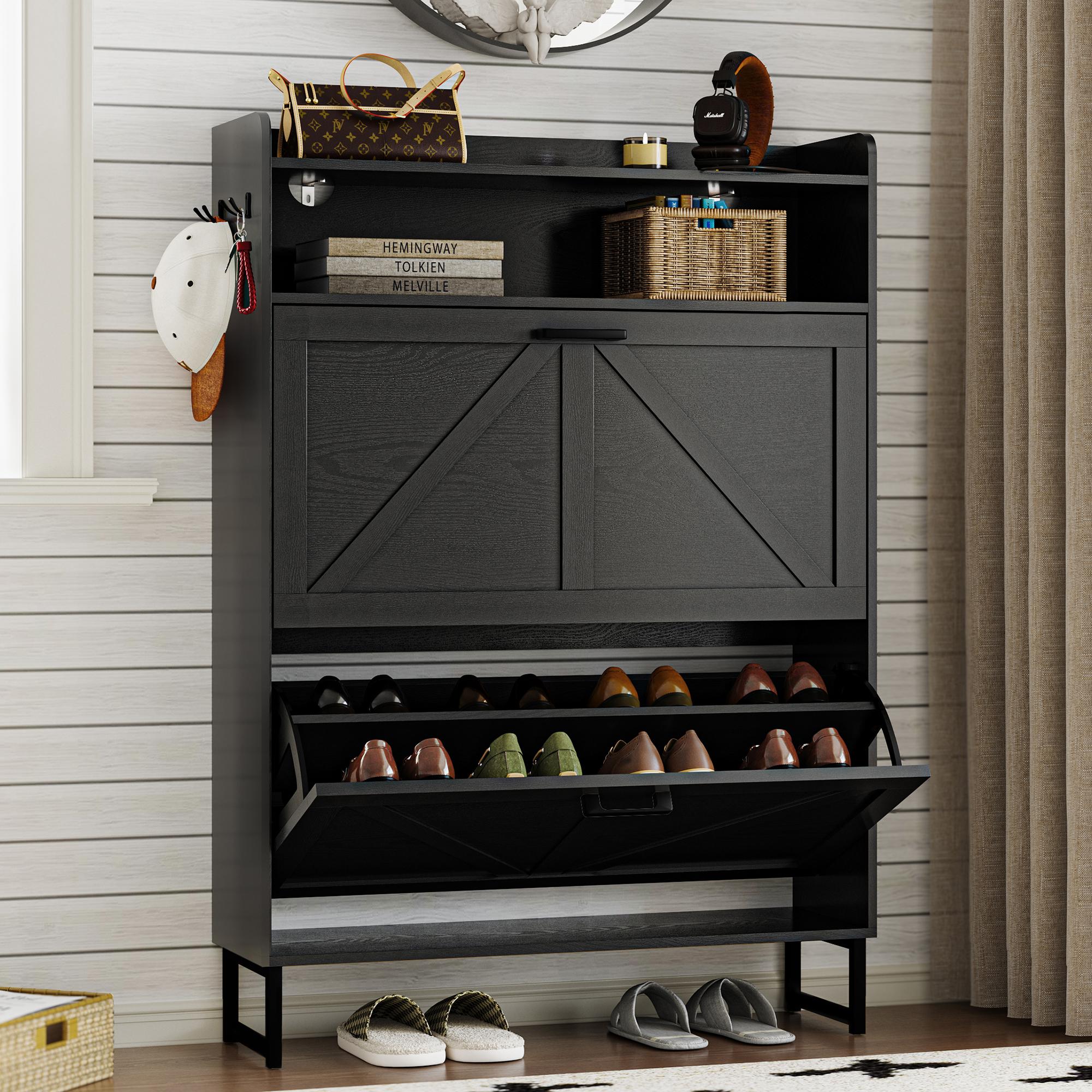 Double drawer ,Freestanding flip shoe cabinet, Slim fit wooden storage cabinet with hidden shelves | Corridor, living room, and bedroom shoe rack ,White