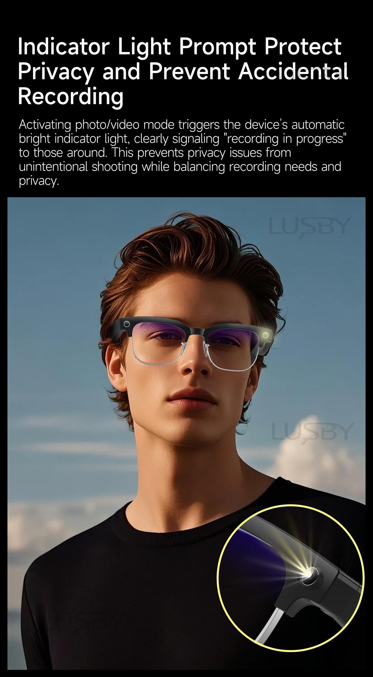LUSBY Smart AI Camera Glasses with 8MP Photochromic Lenses ,Button Touch Adjustment for Travel Outdoor Adventures Hands-Free Photography 160+Languages Real-Time Translation Bluetooth Wireless Wearable Video Recording UV Protection ,Easter gift