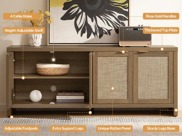 【SohoChic】SICOTAS TV Stand for Living Room Boho Entertainment Center for Bedroom with 4 Rattan Cabinets Farmhouse Television Stands with Storage Large Wood Media Console Table for TVs up to 45 50 55 60 65 Inch