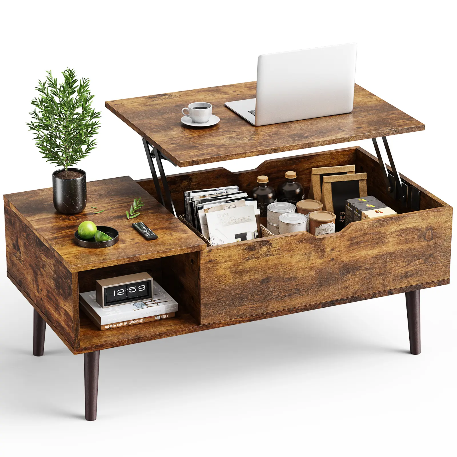 Mesa de centro Sweetcrispy de madera maciza con tablero elevable: mueble de interior de altura ajustable y diseño sencillo que combina con la decoración de la sala de estar; cuenta con estante y espacio de almacenamiento oculto, apta para comer.