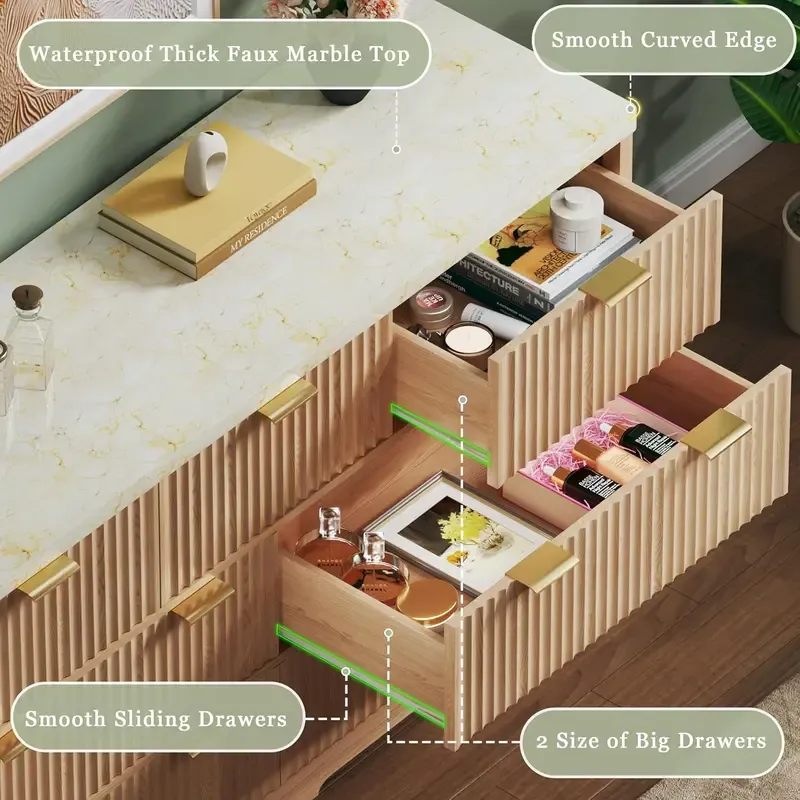Cómoda estriada para dormitorio con 7 cajones, cómoda moderna de 53 pulgadas con superficie de imitación mármol, cómoda estilo mediados de siglo con tiradores dorados y perfil curvo, mueble de madera natural para TV (apto para dormitorio o sala de estar)