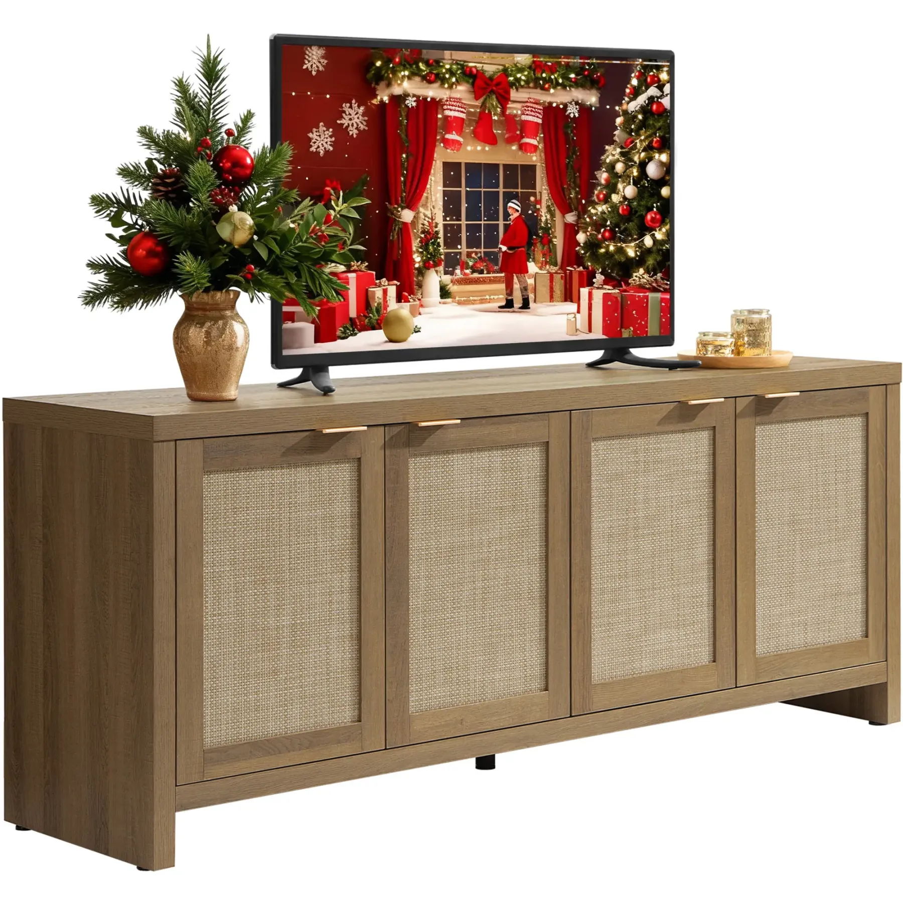 Mueble de TV SICOTAS para sala de estar o dormitorio; centro de entretenimiento de estilo boho con 4 armarios de ratán y diseño rústico; consola multimedia de madera con amplio espacio de almacenamiento para televisores de hasta 45, 50, 55, 60 y 65 pulgad