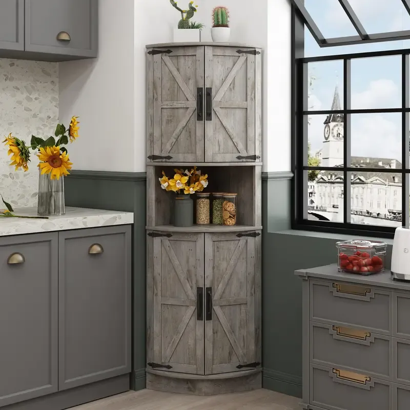 Armario esquinero de madera estilo granja (64,8" de altura): 4 puertas, 5 estantes de almacenamiento, puerta tipo granero, diseño en ángulo recto de 90°, anclaje de pared antivuelco, 22" (ancho) x 15,6" (profundidad) x 64,8" (altura); mueble que ahorra es