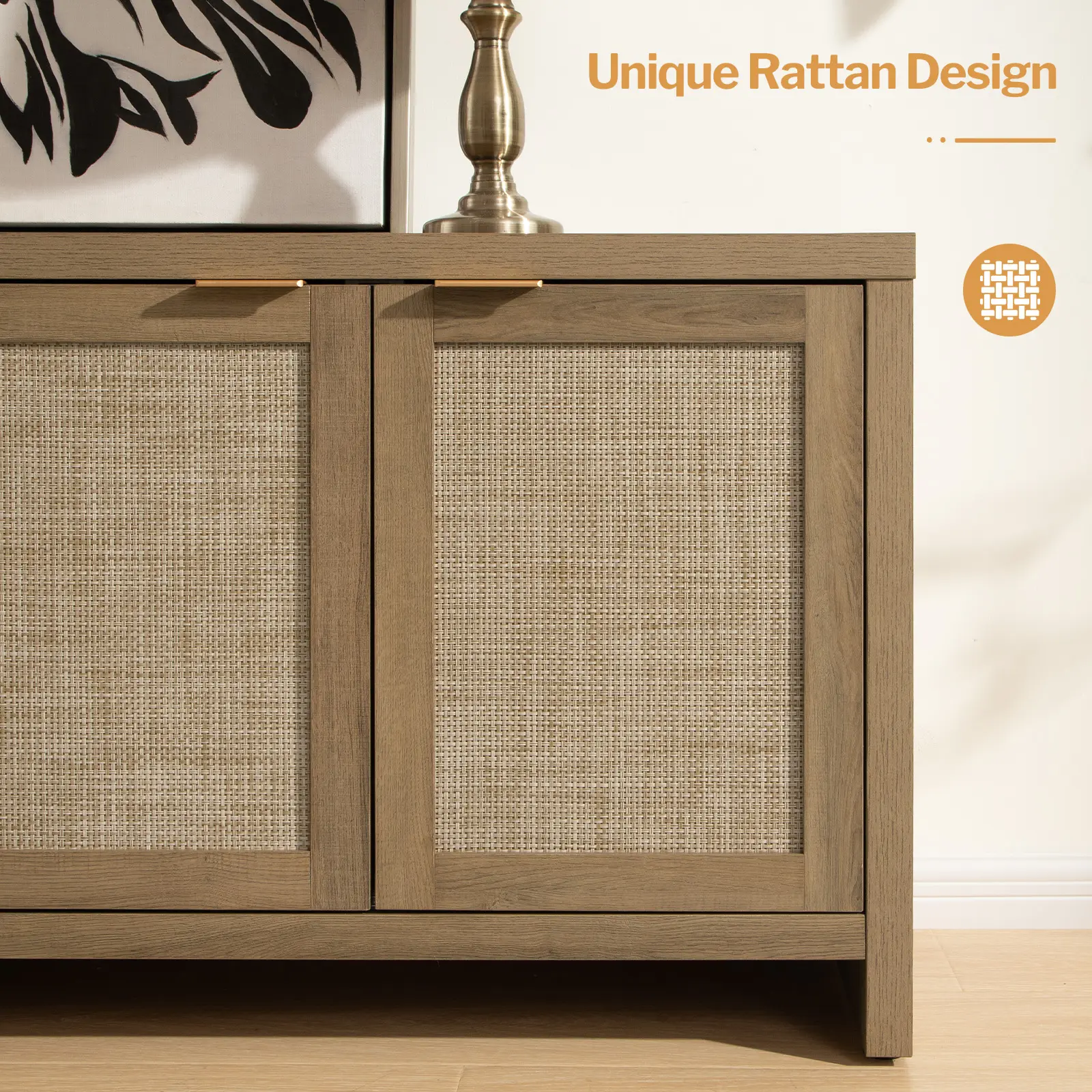 Mueble de TV SICOTAS para sala de estar o dormitorio; centro de entretenimiento de estilo boho con 4 armarios de ratán y diseño rústico; consola multimedia de madera con amplio espacio de almacenamiento para televisores de hasta 45, 50, 55, 60 y 65 pulgad