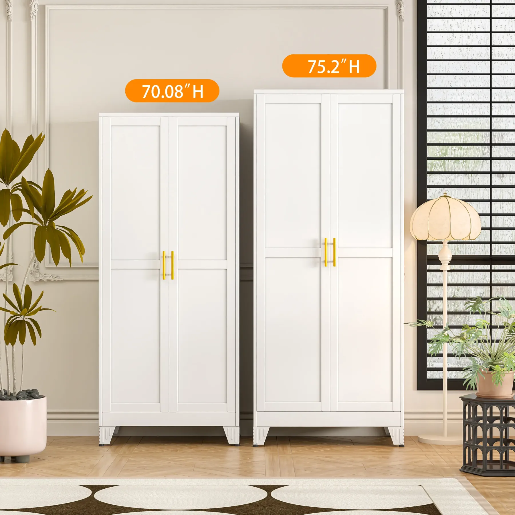 Armario despensero de metal con 2 puertas y estantes ajustables. Disponible en cuatro tamaños: 47", 61", 71" y 75". Armario de almacenamiento para cocina con tiradores dorados: solución versátil para cocina, baño, comedor o cuarto de servicio.