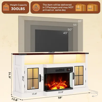 Mueble para TV WLIVE con chimenea eléctrica y vidrio en 3 lados para televisores de 65 pulgadas; centro de entretenimiento con 14 colores de llama y gabinetes de almacenamiento con iluminación LED ajustable; consola multimedia estilo rústico para sala de 