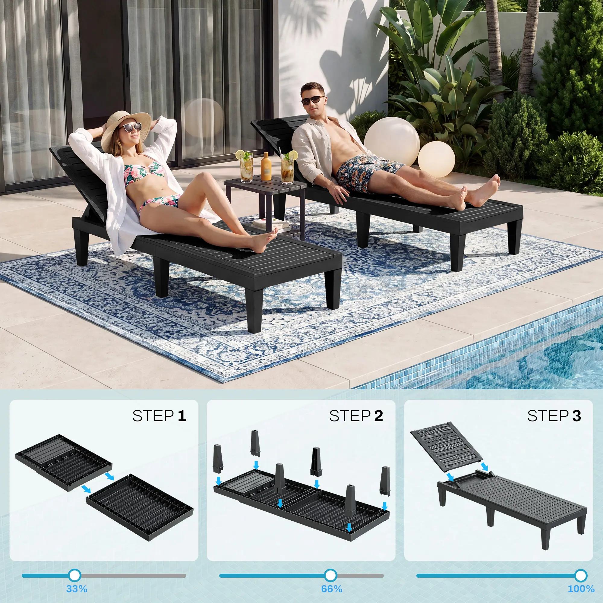 RIWENGO - Juego de 2 tumbonas para patio; sillas reclinables ajustables para exteriores, ideales para piscina, jardín, patio trasero o terraza.