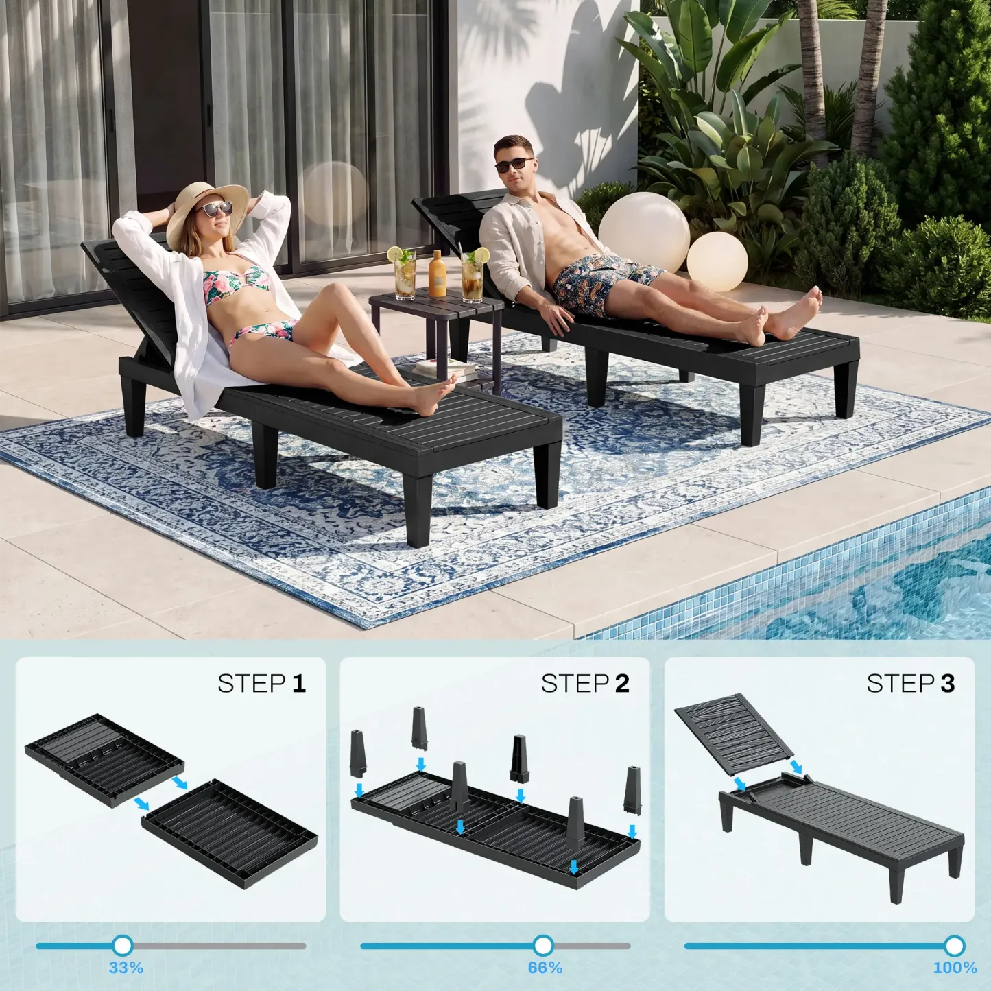 RIWENGO - Juego de 2 tumbonas para patio; sillas reclinables ajustables para exteriores, ideales para piscina, jardín, patio trasero o terraza.
