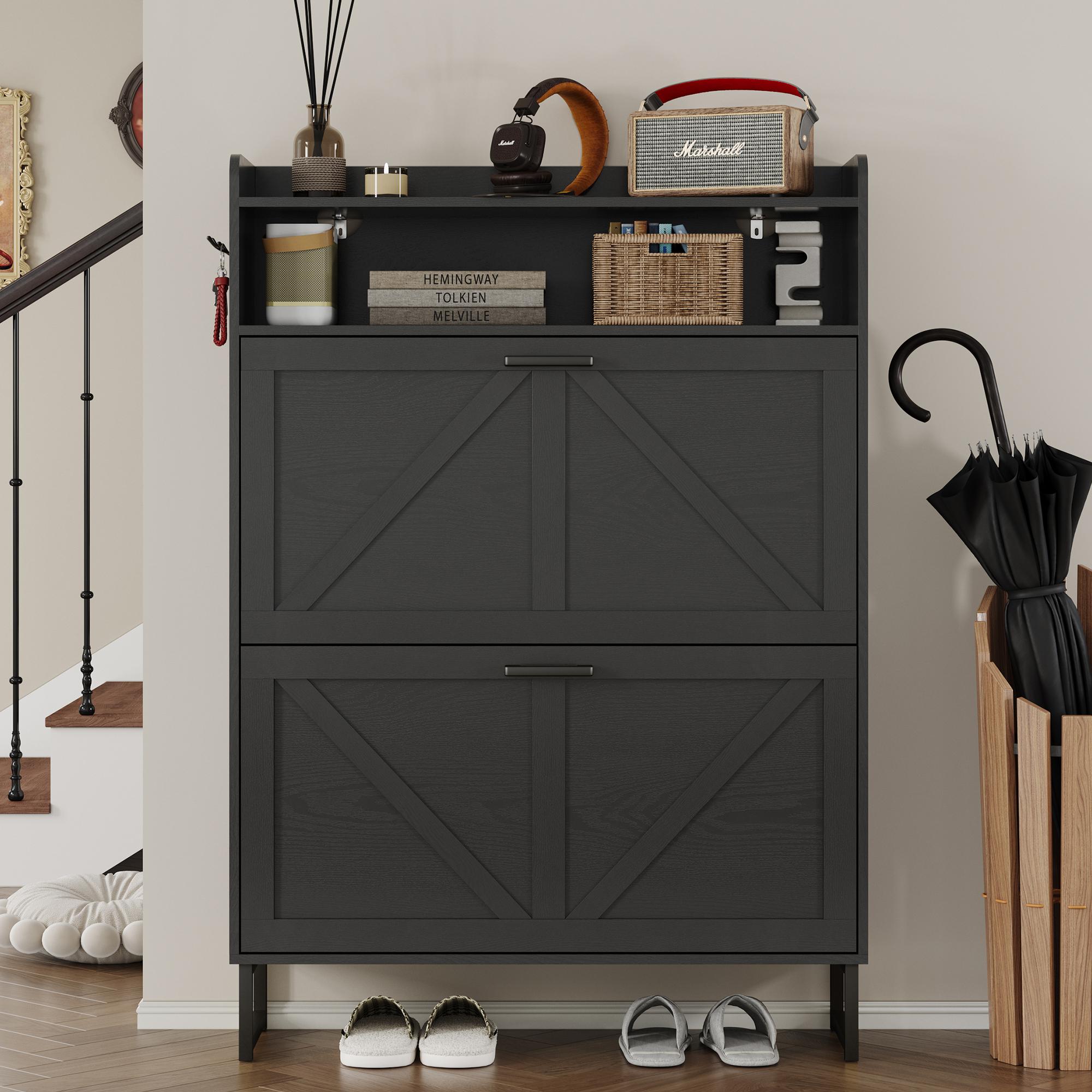 Double drawer ,Freestanding flip shoe cabinet, Slim fit wooden storage cabinet with hidden shelves | Corridor, living room, and bedroom shoe rack ,White