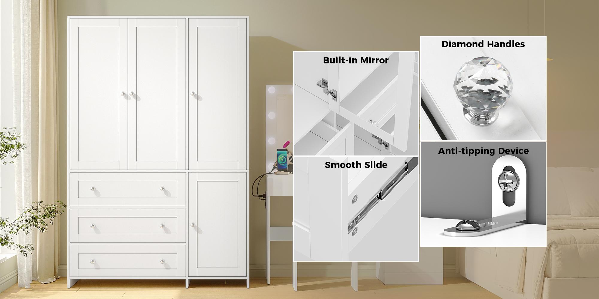 【2 Packages Delivery】VOWNER Wooden Wardrobe Closet Armoire Storage Cabinet 3 Doors with Hanging Rod for Hanging Clothes Bedroom Large Capacity Tall Freestanding Armoire Organizer with Shelves