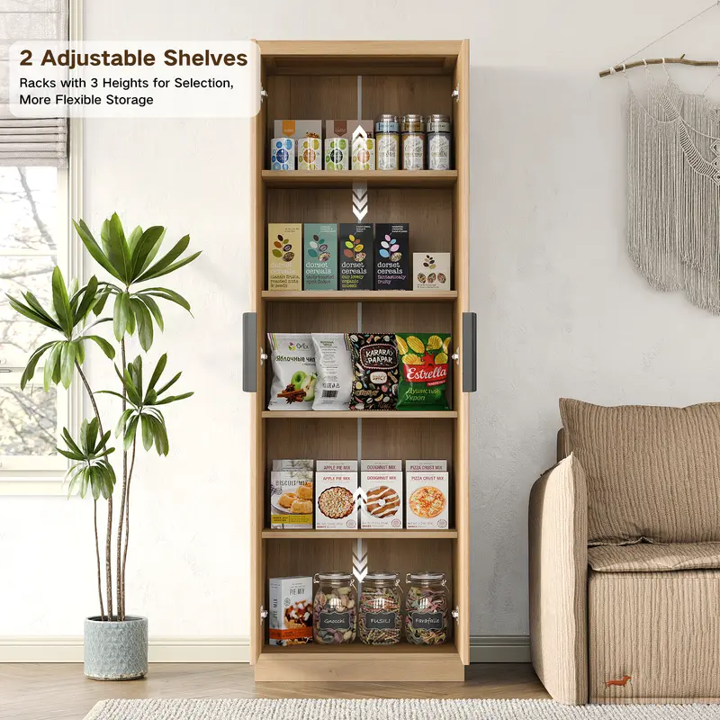 Armario despensero de cocina de 71 pulgadas de alto con estantes ajustables y puerta acanalada; mueble de 5 niveles para sala de estar, cocina, comedor o dormitorio (color roble)
