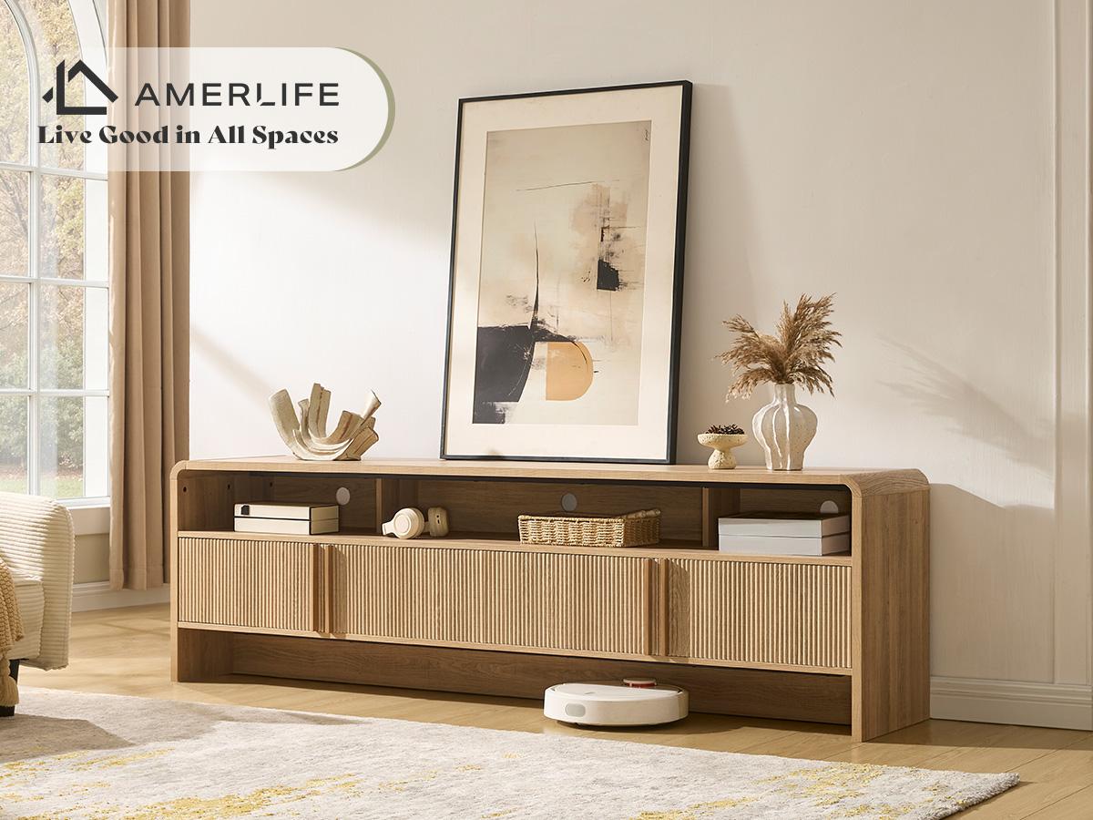 AMERLIFE 70" Modern TV Stand for TVs Up to 80", Wood TV Console with Curved Profile Design & 2 Storage Cabinets, Media Console Entertainment Center for Living Room, Bedroom/Best Gift Ideas/Christmas Gifts[tiktokshopbacktoschool][SohoChic]