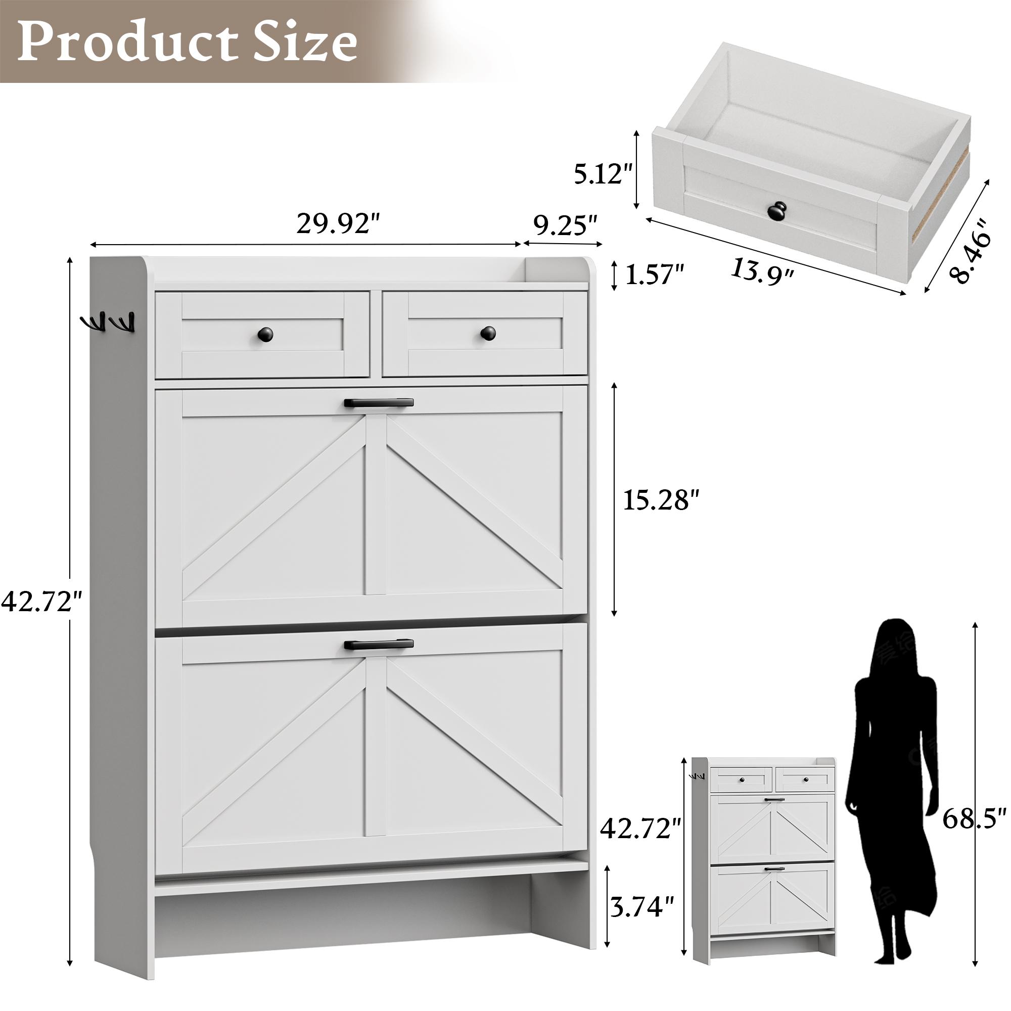 Shoe Storage Cabinet for Entryway, Farmhouse Narrow Shoe Cabinet with 2 Flip Drawers & Top Drawers, Adjustable Shelves & Hooks, Freestanding Hidden Rack Organizer for Hallway, Foyer Footwear Organization fathers day gift ideas,dorm essentials,home decor