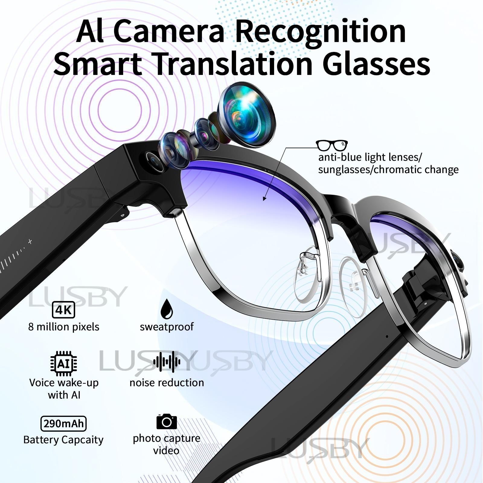 LUSBY Smart AI Camera Glasses with 8MP Photochromic Lenses ,Button Touch Adjustment for Travel Outdoor Adventures Hands-Free Photography 160+Languages Real-Time Translation Bluetooth Wireless Wearable Video Recording UV Protection ,Easter gift