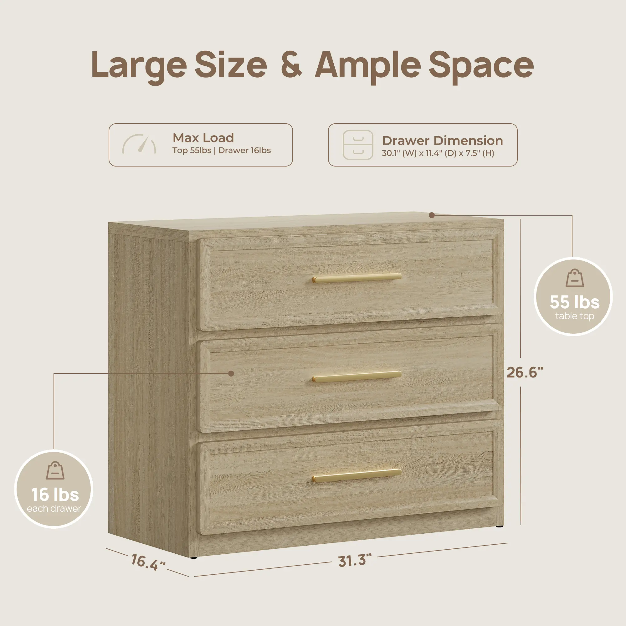 Mesita de noche alta extragrande SICOTAS con 3 cajones de almacenamiento y tiradores dorados, mesa auxiliar moderna para el hogar/dormitorio, ideal para la mesita de noche o la habitación infantil. Requiere montaje. Mueble de interior impermeable.