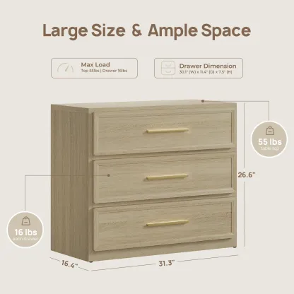 Mesita de noche alta extragrande SICOTAS con 3 cajones de almacenamiento y tiradores dorados, mesa auxiliar moderna para el hogar/dormitorio, ideal para la mesita de noche o la habitación infantil. Requiere montaje. Mueble de interior impermeable.
