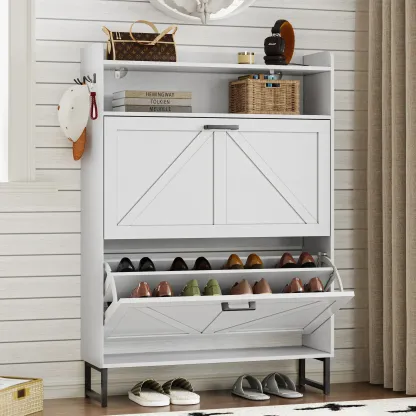 Zapatero abatible independiente de doble cajón | Armario de almacenamiento de madera de diseño estilizado con estantes ocultos | Zapatero para pasillo, sala de estar y dormitorio