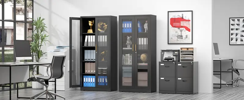 POLUP 71" Sturdy Waterproof Freestanding Cupboard - Rectangle Glass Display Cabinet with Lockable Door, Glass Door Metal Case, 4 Adjustable Shelves, Flat Base, Modern Home Decor, Black Locking Storage for Home Office, Liquor, Kitchen