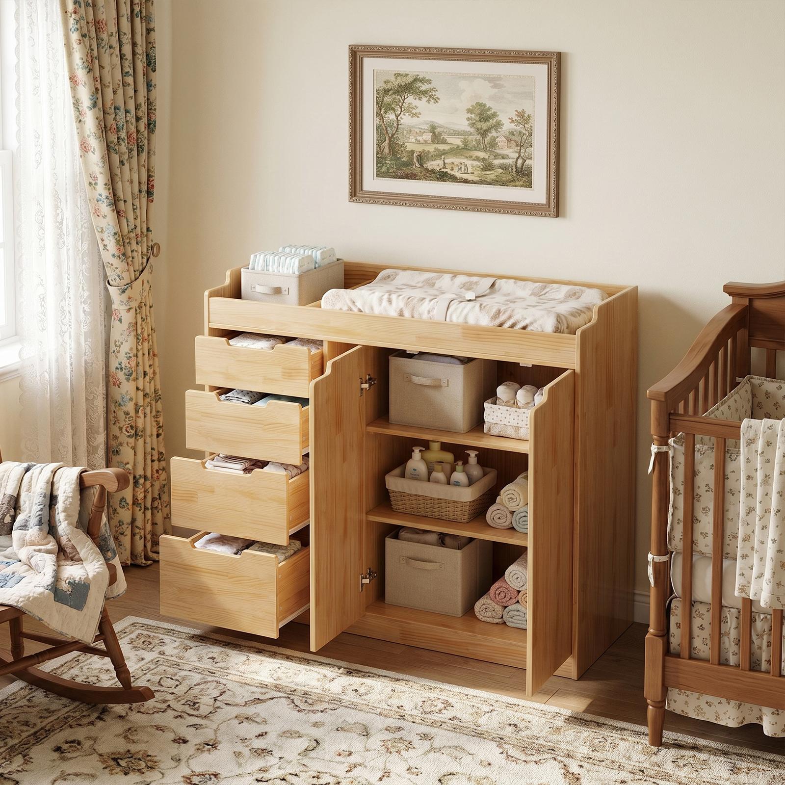 Deborah Changing Table Dresser Antique White with Exposed Shelves,5 Exposed Drawers & Space for Changing Pad, High-Quality Engineered Wood