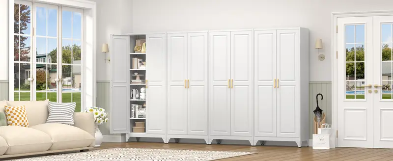 POLUP 75” Metal Frame Closed Cupboard Furniture - Rectangular Food Storage Cabinet with 5 Adjustable Removable Shelves, 2 Gold Handles, Multiple Compartments, Requires Assembly, Modern Indoor Kitchen Pantry Furniture POLUP 75” Metal Frame Closed Cupboard Furniture - Rectangular Food Storage Cabinet with 5 Adjustable Removable Shelves, 2 Gold Handles, Multiple Compartments, Requires Assembly, Modern Indoor Kitchen Pantry Furniture