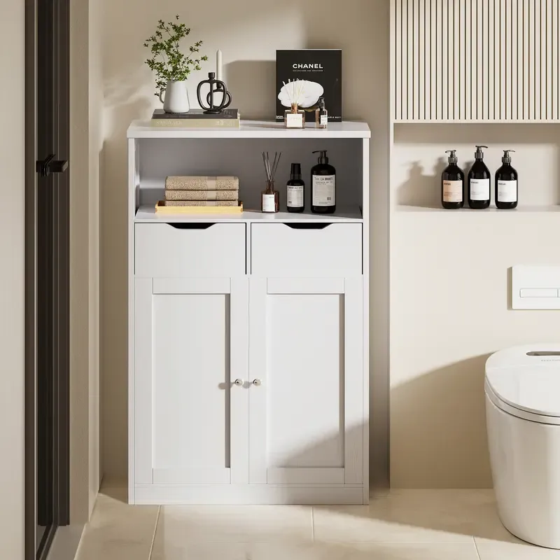 Armario de almacenamiento de suelo Walsunny, organizador con puertas y cajones; mueble auxiliar independiente tipo despensa con estante ajustable para cocina, lavandería, baño o sala de estar.
