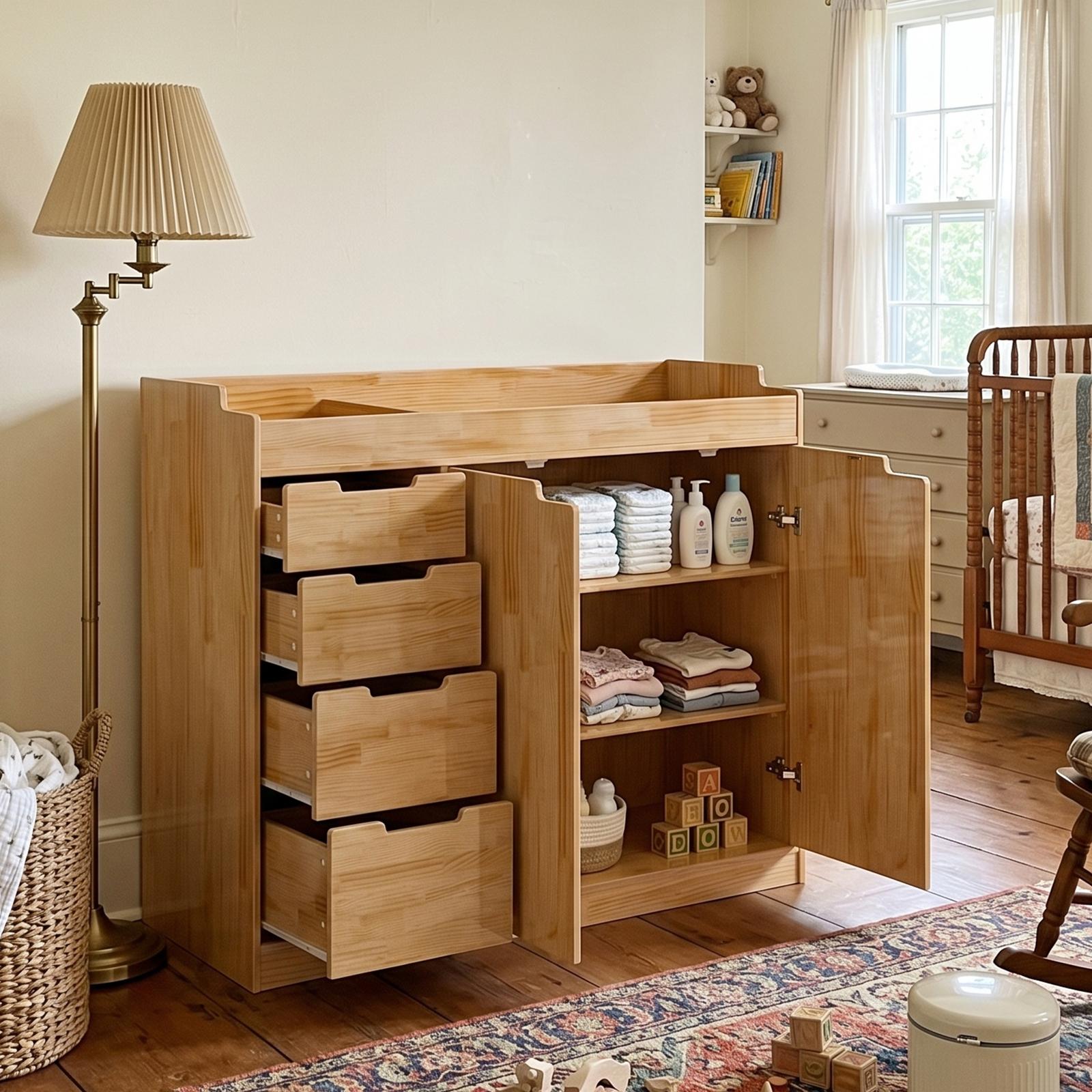 Deborah Changing Table Dresser Antique White with Exposed Shelves,5 Exposed Drawers & Space for Changing Pad, High-Quality Engineered Wood