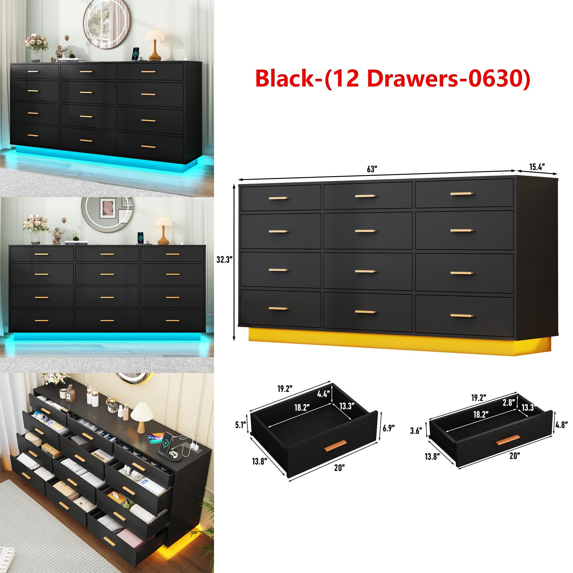 Dresser with LED Light and Charging Station, Modern Chest of Drawers for Closet, Wide Drawer Organizer Cabinet for Bedroom, Living Room, Entryway, Hallway