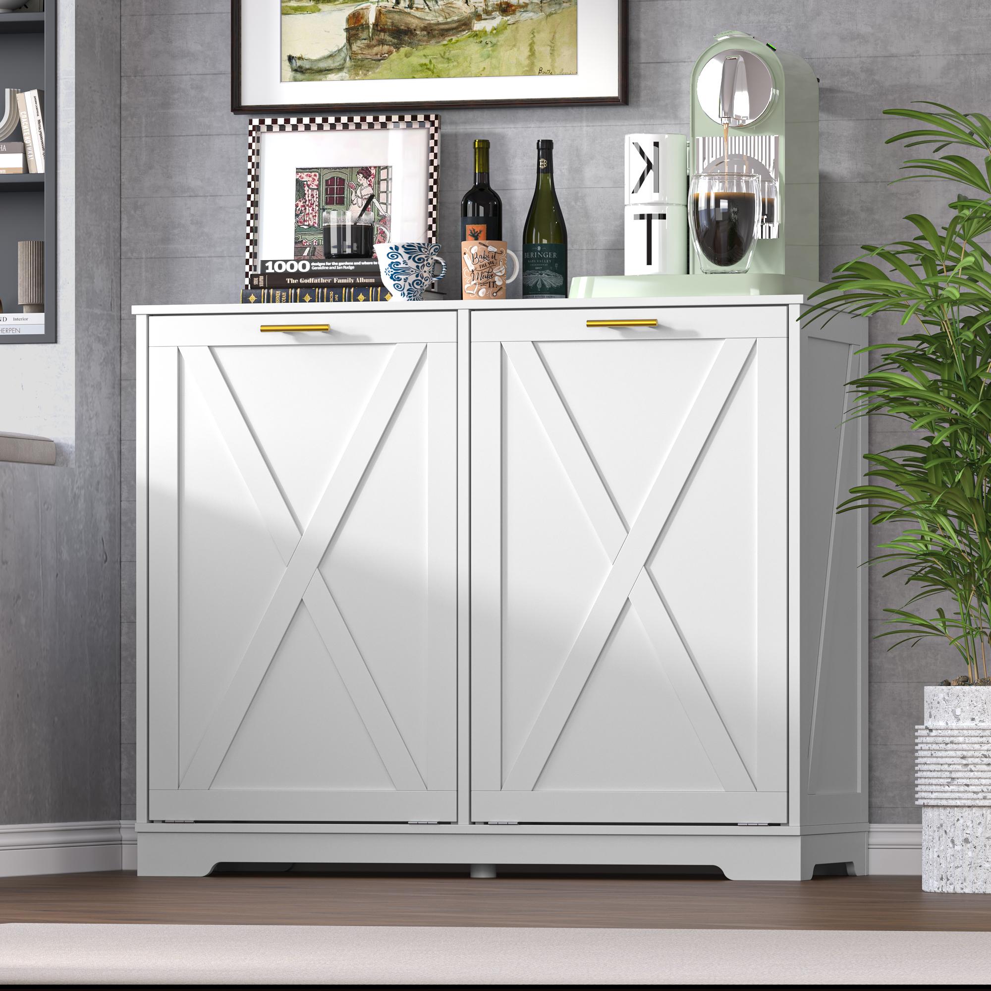 Tilt Out Trash  Cabinet for 2 Bins, Hidden Recycle Garbage Bin Enclosure, Wooden Double Laundry Cabinet with Odor Control, Negative Ion & Ozone, for Kitchen, Bathroom, Laundry Room,dorm essentials,home decor