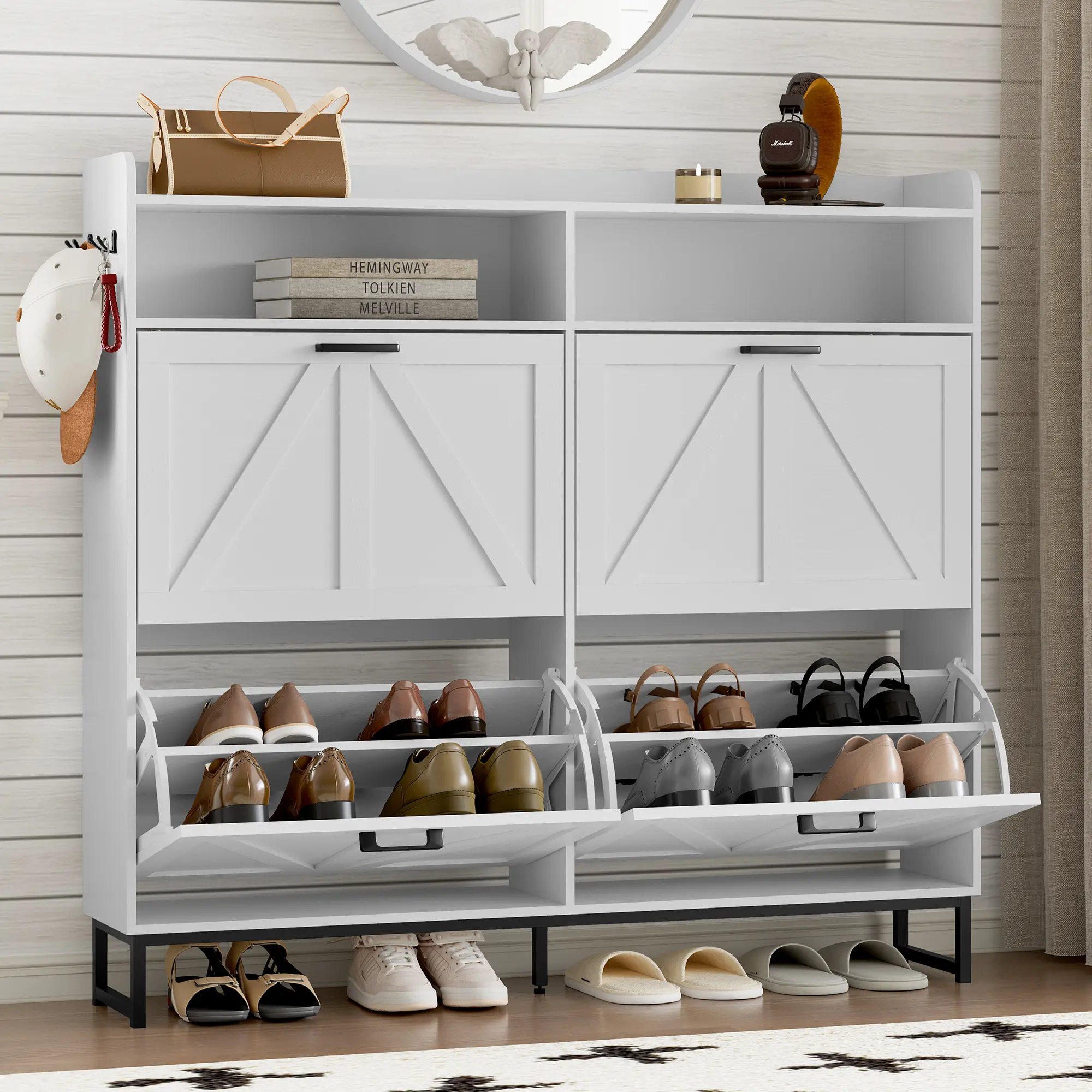 Zapatero abatible independiente de doble cajón | Armario de almacenamiento de madera de diseño estilizado con estantes ocultos | Zapatero para pasillo, sala de estar y dormitorio
