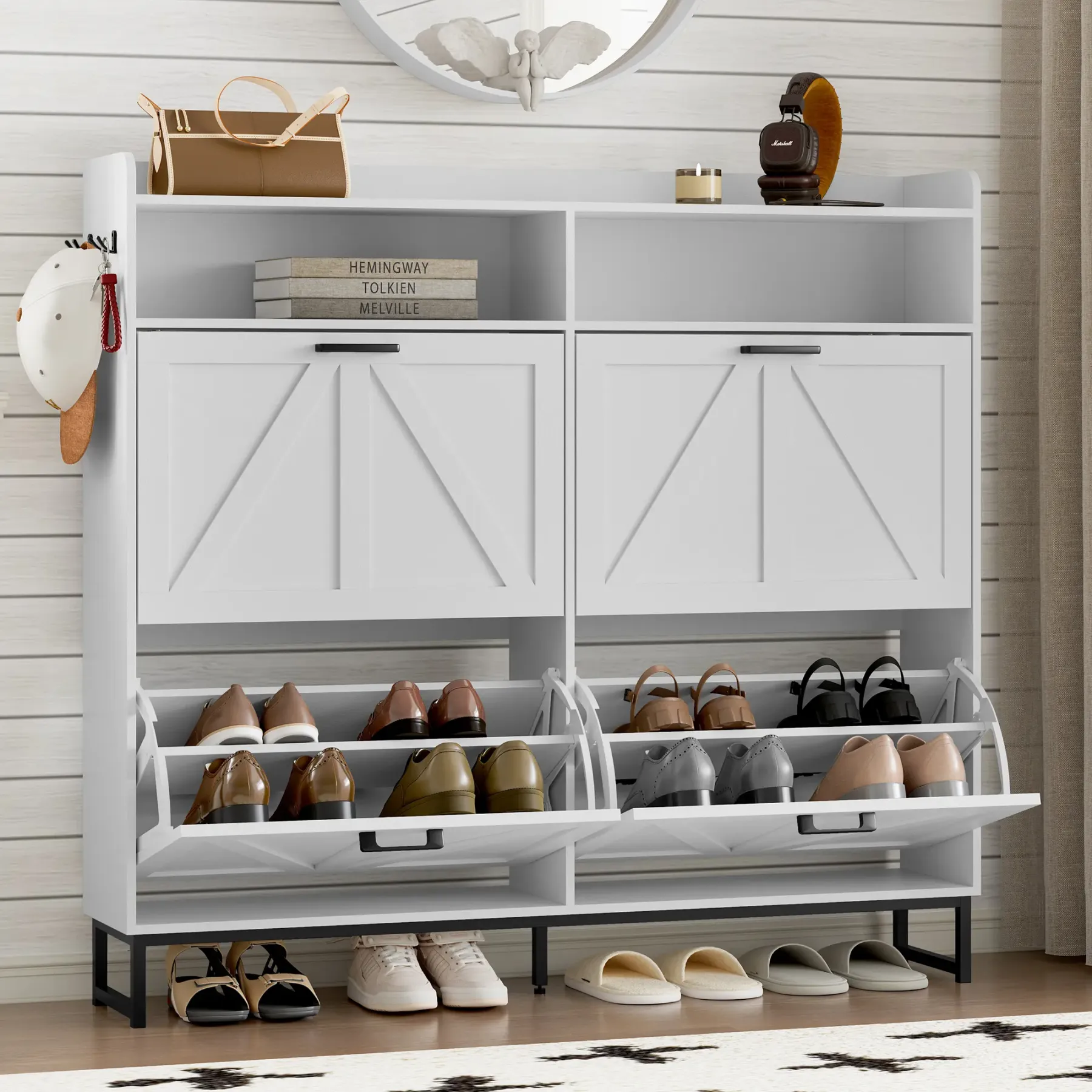 Zapatero abatible independiente de doble cajón | Armario de almacenamiento de madera de diseño estilizado con estantes ocultos | Zapatero para pasillo, sala de estar y dormitorio
