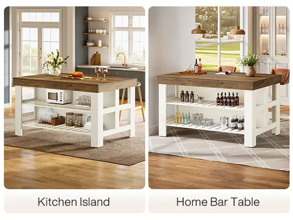 Tribesigns Light Brown Kitchen Island With 3 Shelves, Farmhouse Style, 55 Inches Wide, Easy to Assemble