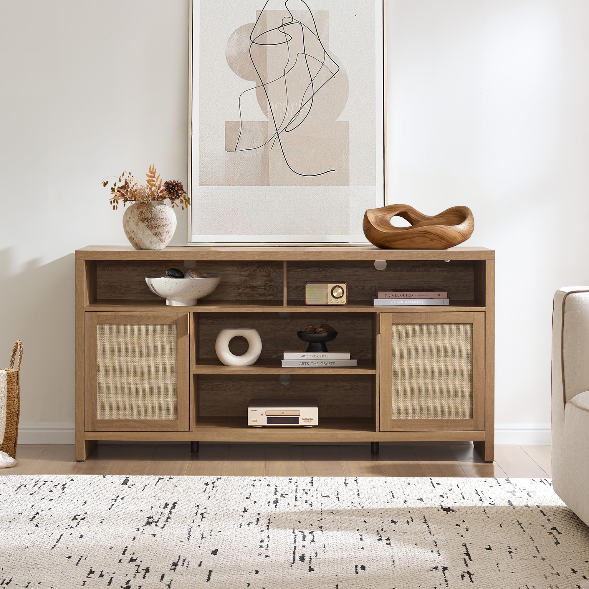 【SohoChic】SICOTAS TV Stand for Living Room Boho Entertainment Center for Bedroom with 4 Rattan Cabinets Farmhouse Television Stands with Storage Large Wood Media Console Table for TVs up to 45 50 55 60 65 Inch
