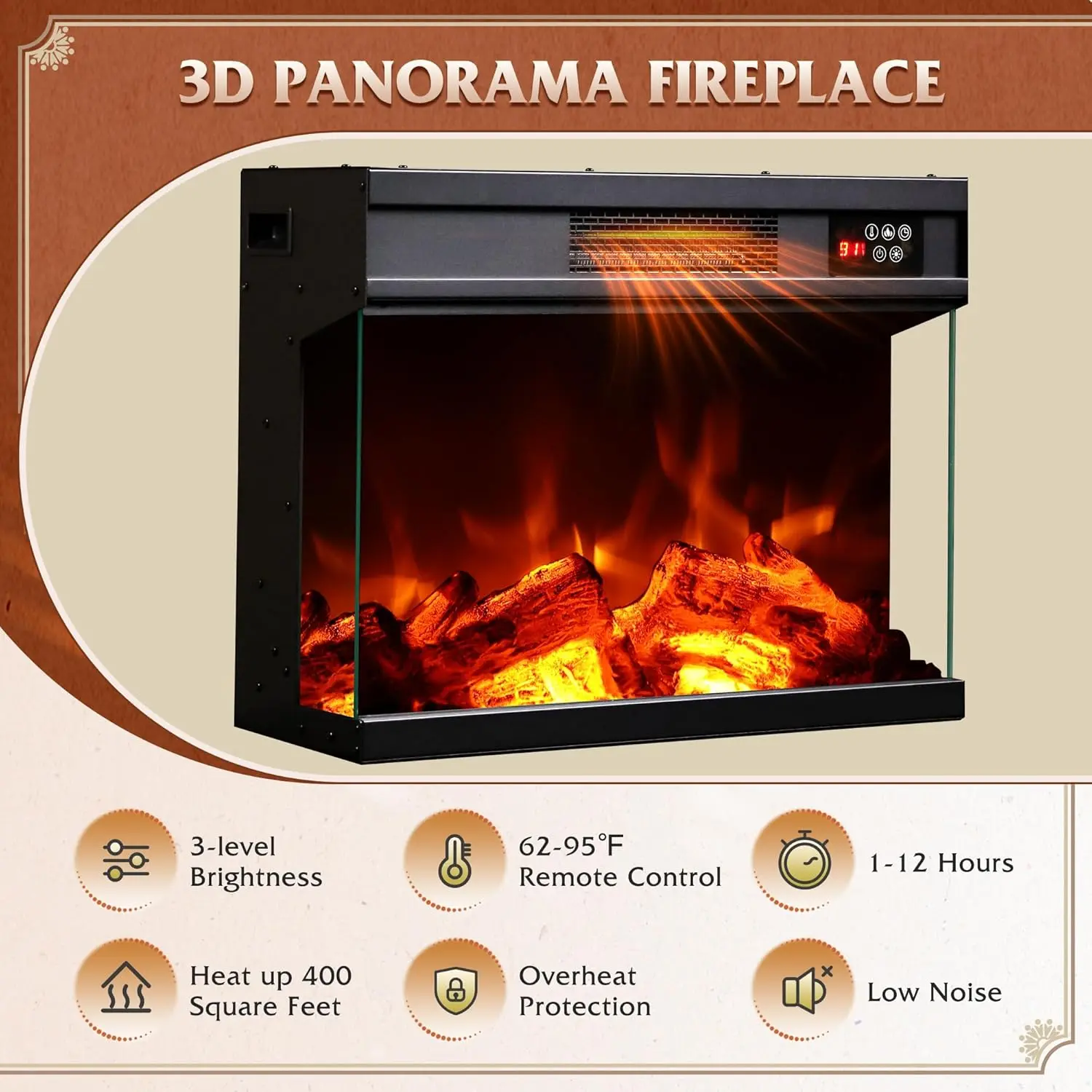 Mueble para TV WLIVE con chimenea eléctrica y vidrio en 3 lados para televisores de 65 pulgadas; centro de entretenimiento con 14 colores de llama y gabinetes de almacenamiento con iluminación LED ajustable; consola multimedia estilo rústico para sala de 