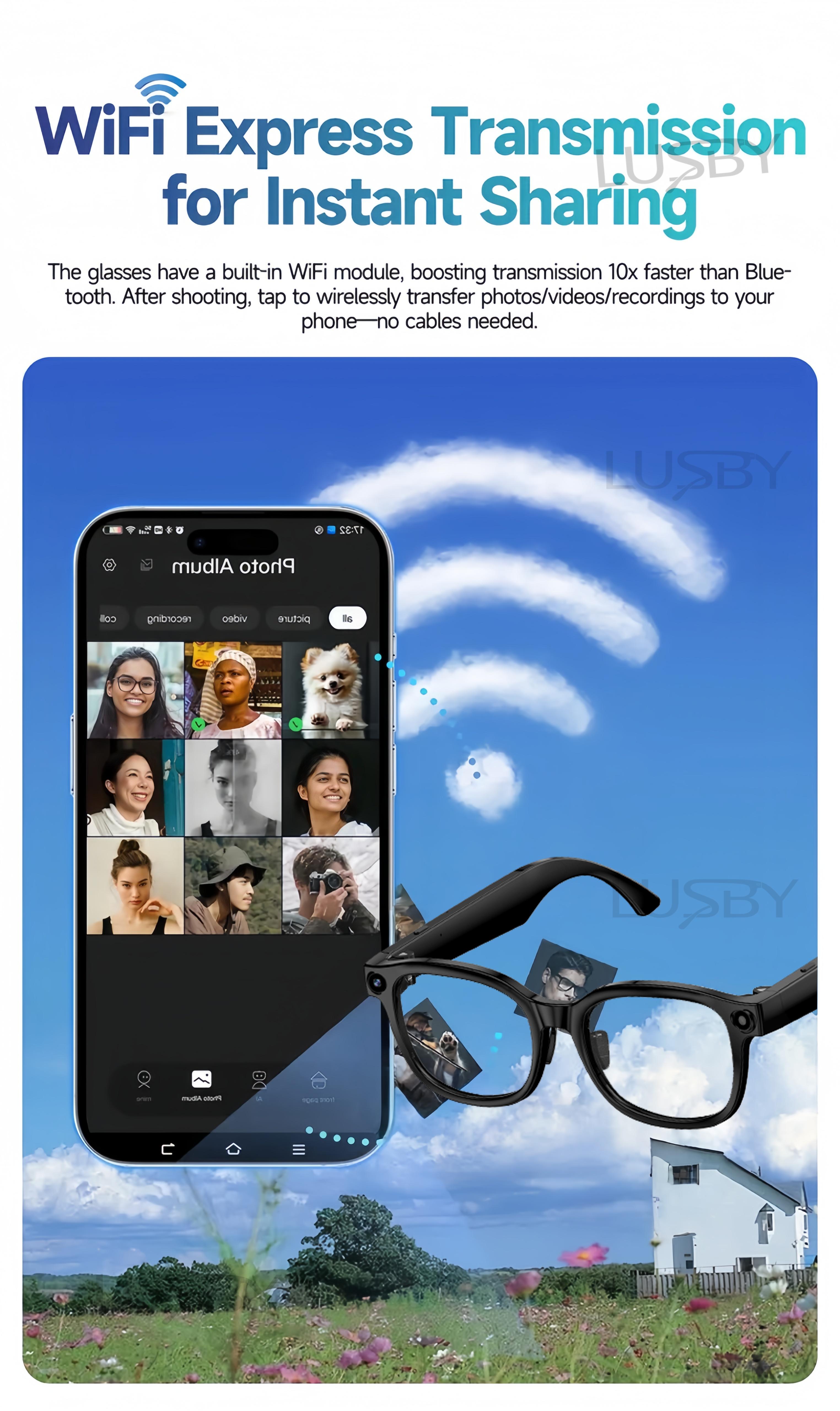 LUSBY Smart AI Camera Glasses with 8MP Photochromic Lenses ,Button Touch Adjustment for Travel Outdoor Adventures Hands-Free Photography 160+Languages Real-Time Translation Bluetooth Wireless Wearable Video Recording UV Protection ,Easter gift