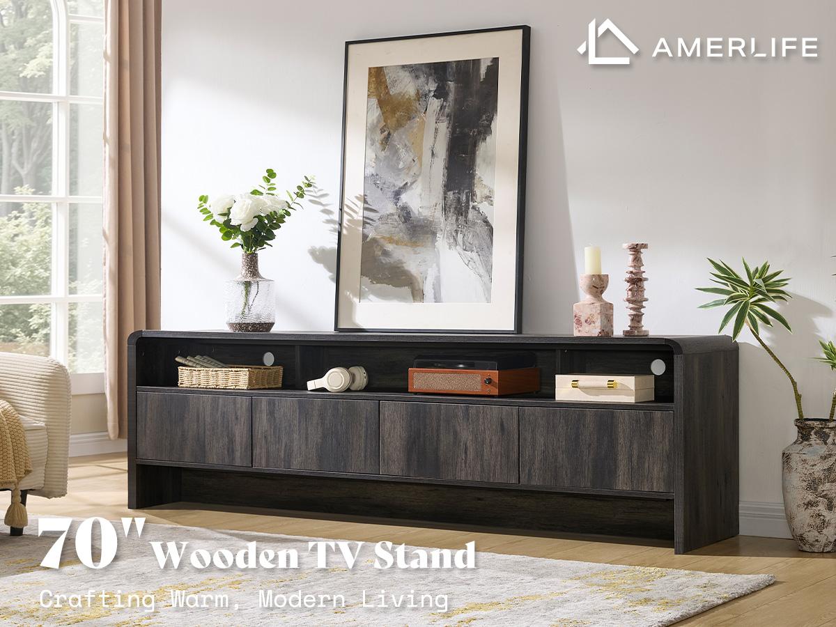 AMERLIFE 70" Modern TV Stand for TVs Up to 80", Wood TV Console with Curved Profile Design & 2 Storage Cabinets, Media Console Entertainment Center for Living Room, Bedroom/Best Gift Ideas/Christmas Gifts[tiktokshopbacktoschool][SohoChic]