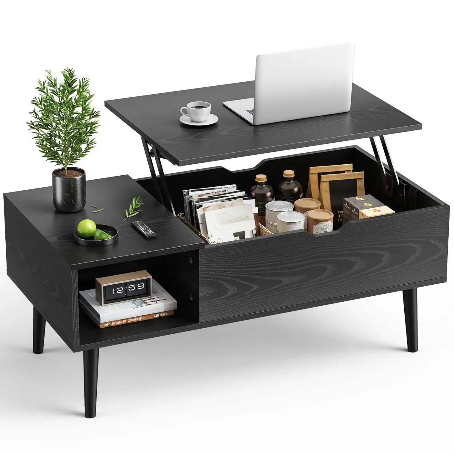 Mesa de centro Sweetcrispy de madera maciza con tablero elevable: mueble de interior de altura ajustable y diseño sencillo que combina con la decoración de la sala de estar; cuenta con estante y espacio de almacenamiento oculto, apta para comer.